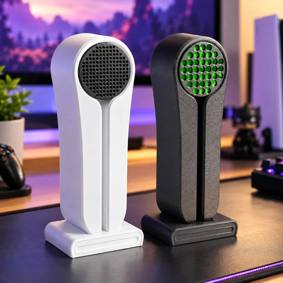 Minimal headphone stands holding over-ear headphones on a futuristic gaming desk - Fictioo