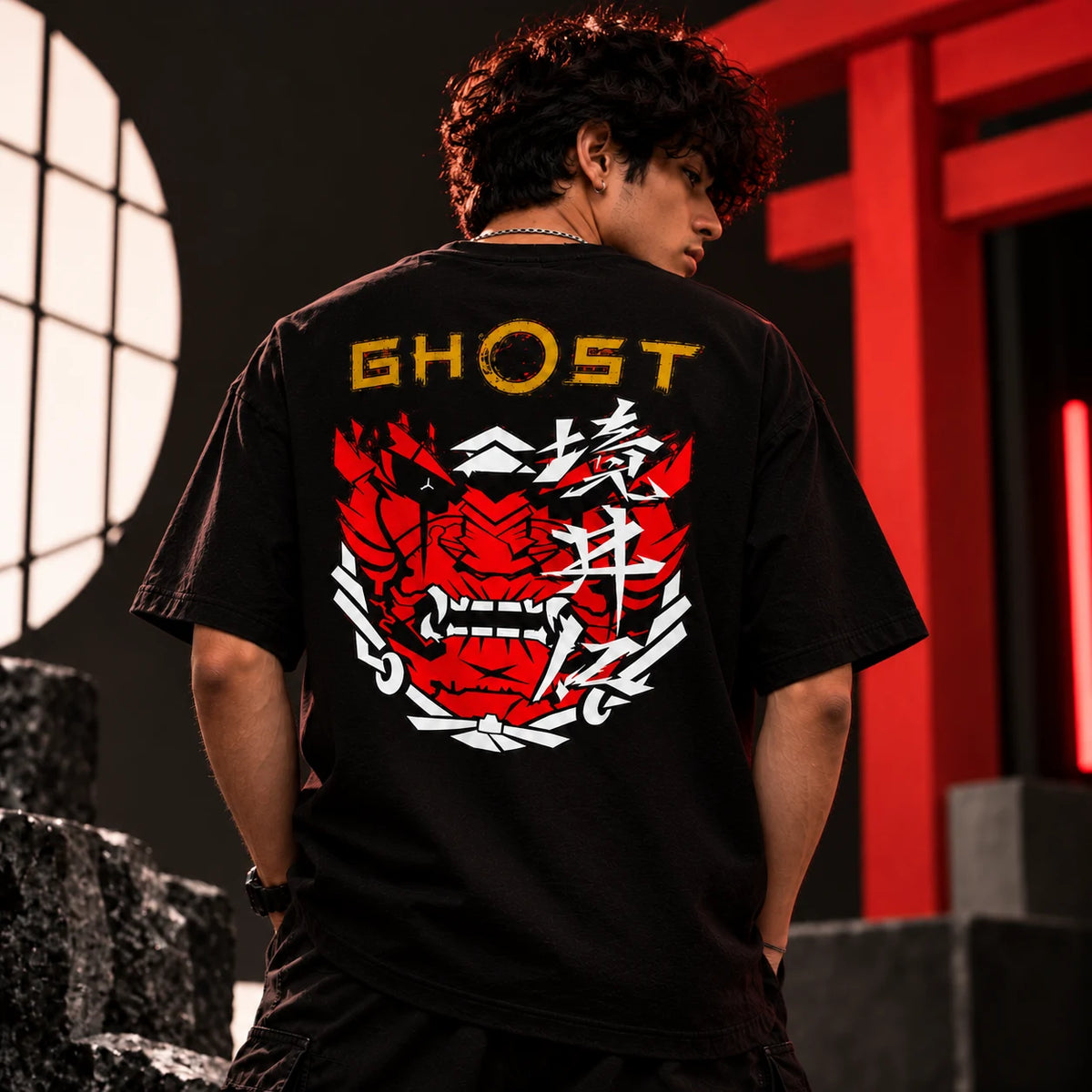 oni phantom ghost oversized t-shirt worn in a streetwear portrait - fictioo