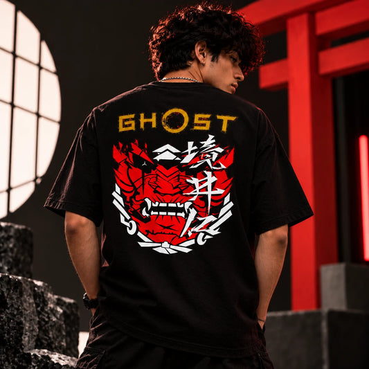 Oni Phantom Ghost oversized t-shirt worn in a streetwear portrait - Fictioo