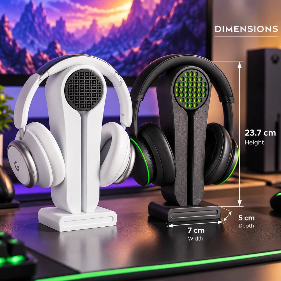 speaker-grille headphone stand dimensions shown in a neon gaming setup - fictioo