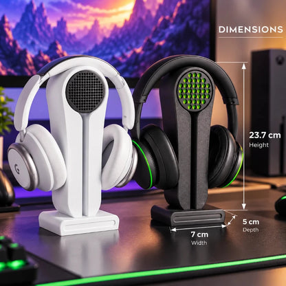 Speaker-grille headphone stand dimensions shown in a neon gaming setup - Fictioo