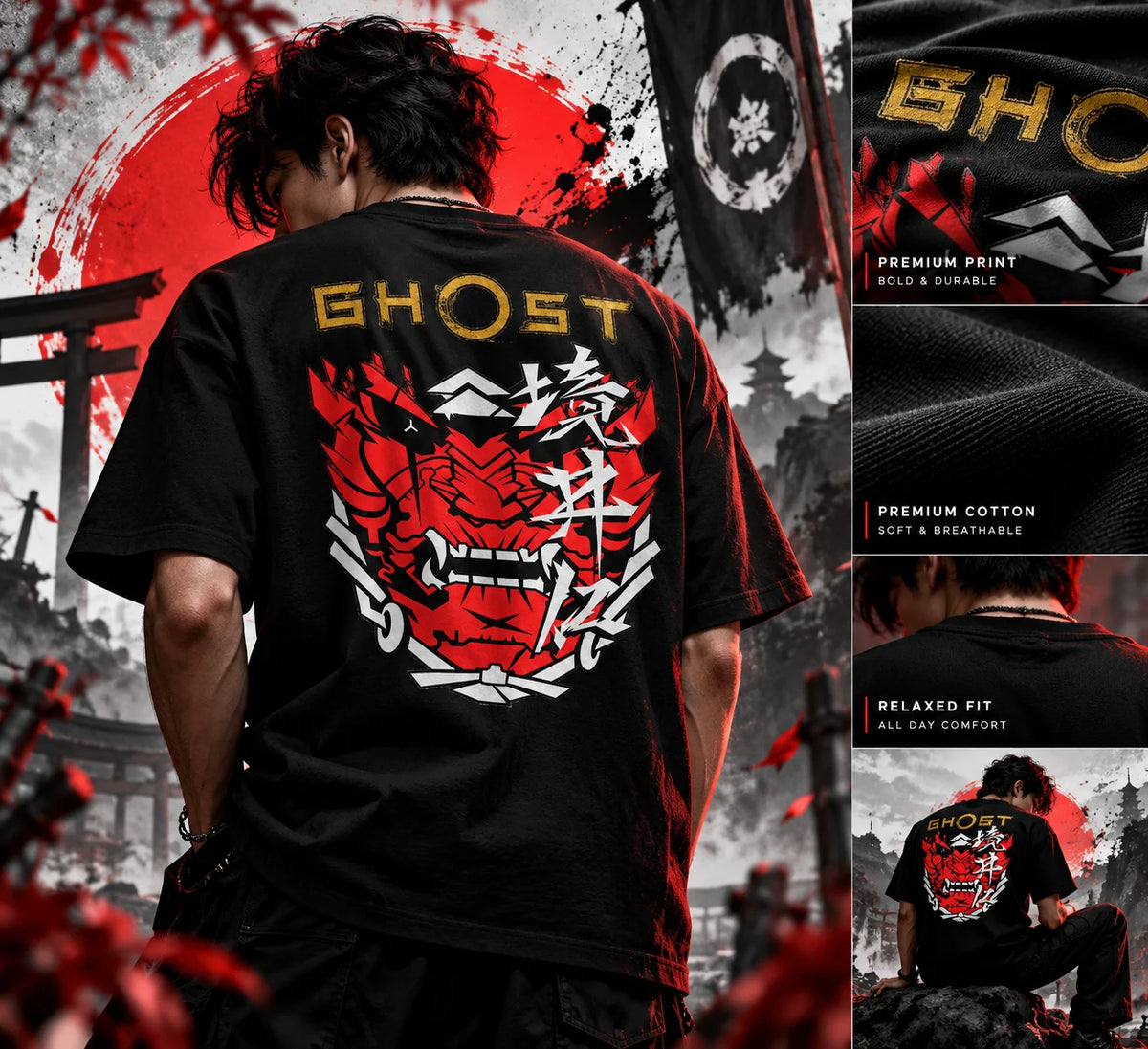 Ghost Oni samurai graphic oversized streetwear t-shirt showcase - Fictioo