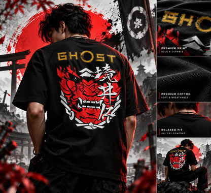 Ghost Oni samurai graphic oversized streetwear t-shirt showcase - Fictioo