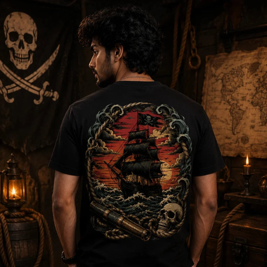 A man wearing a black t-shirt with a large pirate-themed graphic print on the back, standing in a dimly lit pirate-themed room with ropes, a map, and a skull banner.