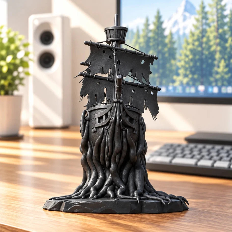 front view black worn out pirate ship wrapped in roots on a wooden gaming desk