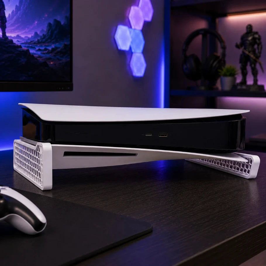 Gaming console on a stand with a dark-themed room in the background