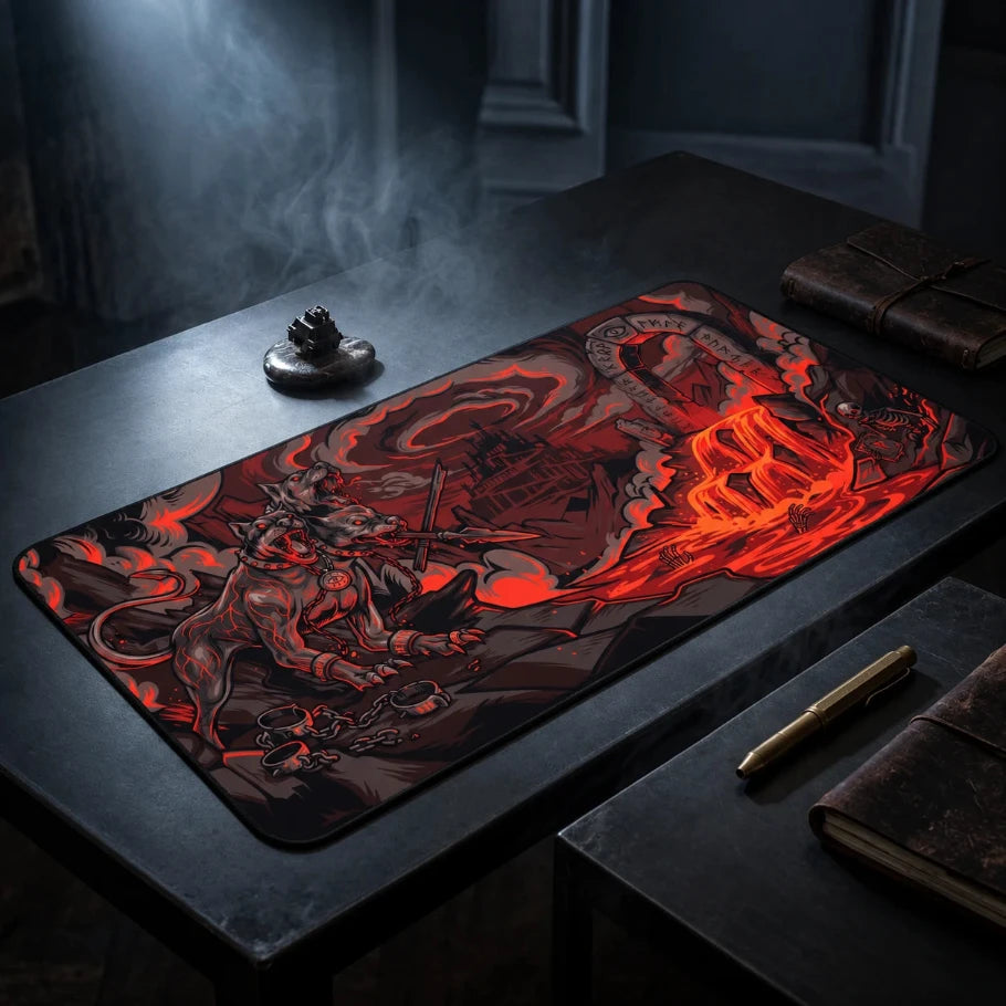 infernal cerberus extended gaming mouse pad with stitched edges in gothic environment- fictioo