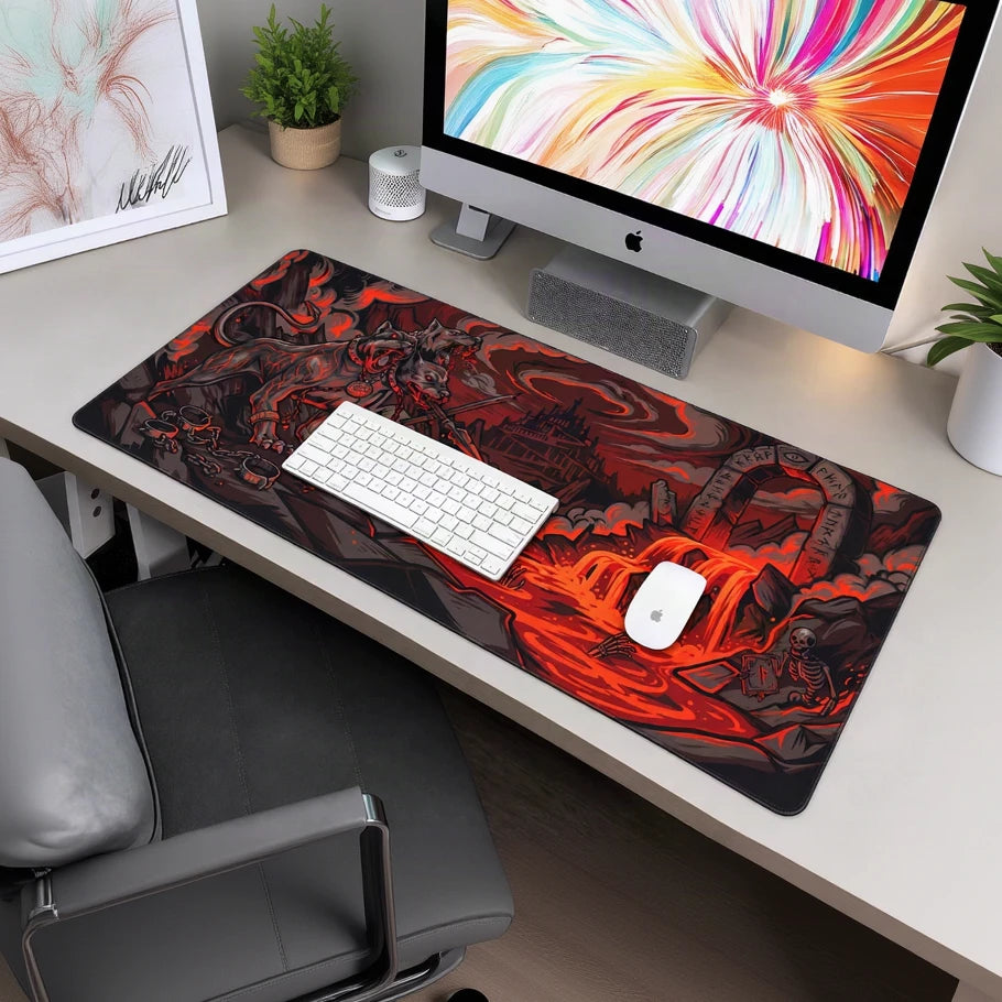 Infernal cerberus gaming deskmat on a PC desk setup - XL extended mouse pad - Fictioo