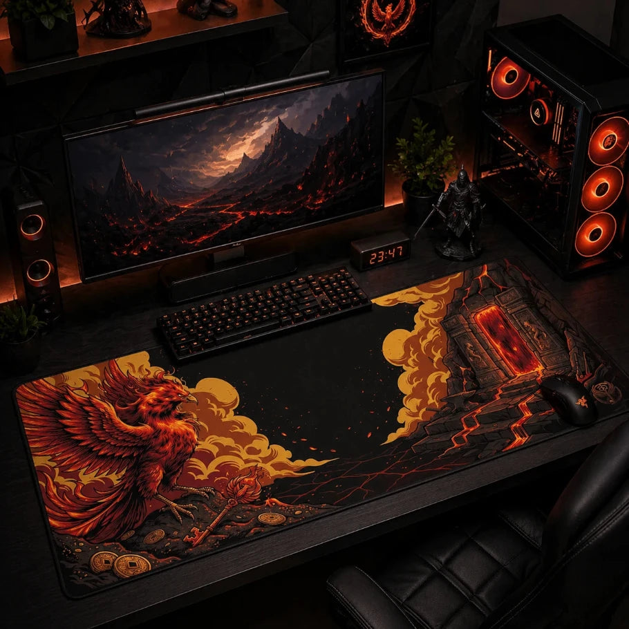 gaming desk setup with a large dragon-themed mouse pad, monitor, keyboard, and gaming chair.