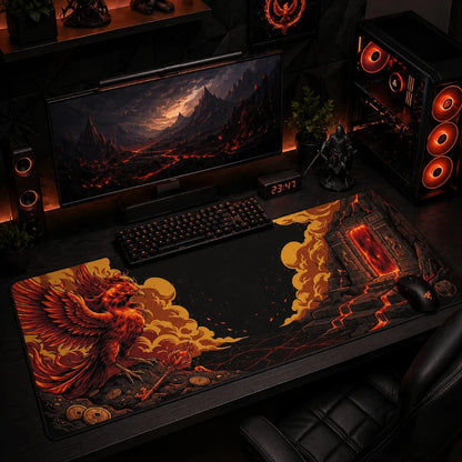 Gaming desk setup with a large dragon-themed mouse pad, monitor, keyboard, and gaming chair.