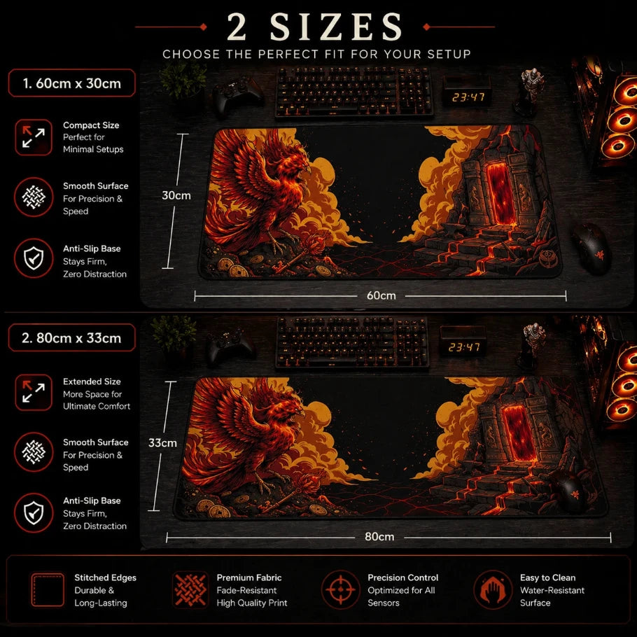 two sizes of a decorative desk mat with a phoenix design, shown with a computer setup.