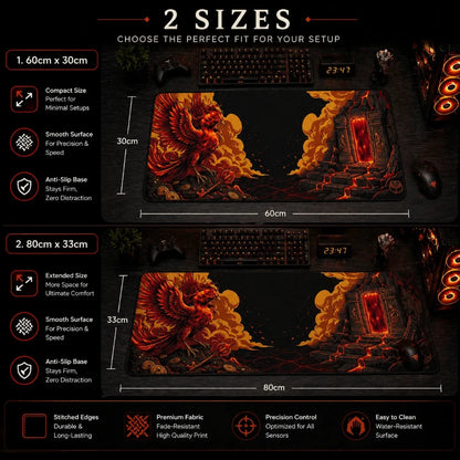 Two sizes of a decorative desk mat with a phoenix design, shown with a computer setup.