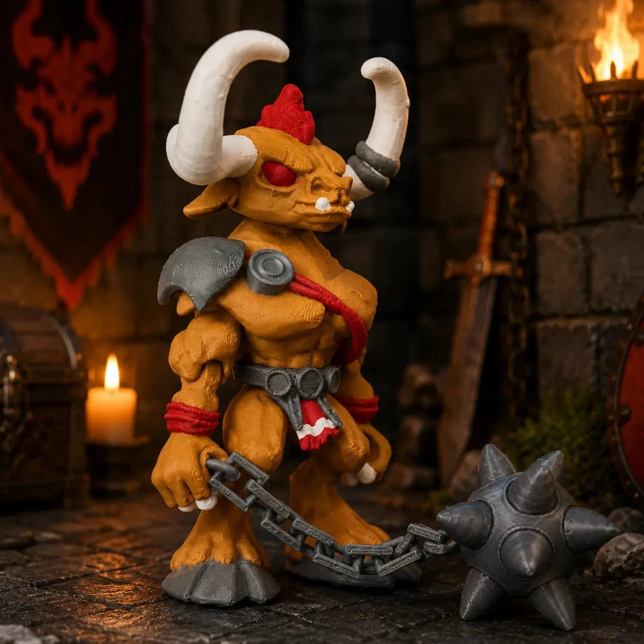 a fantasy action figure of a horned beast warrior with a red crest, standing on a dark surface with a spiked mace and chain accessory in a dimly lit, themed diorama setting.