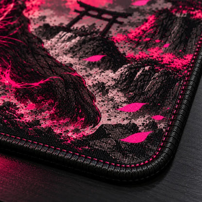 A close-up of a gaming mouse pad with a black and pink mountain landscape design, featuring a small torii gate and pink leaf accents, on a dark wooden surface.