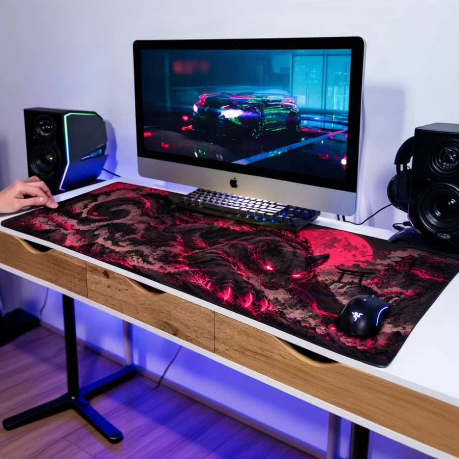 A large gaming desk mat with a red and black dragon design is shown on a desk setup with an iMac, keyboard, mouse, and headphones. A hand is visible on the left edge adjusting the desk mat.