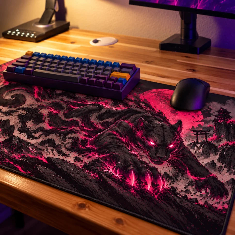 a large gaming desk mat with a glowing black panther design and pink neon accents, shown on a wooden desk alongside a keyboard, mouse, and monitor in a dimly lit room.