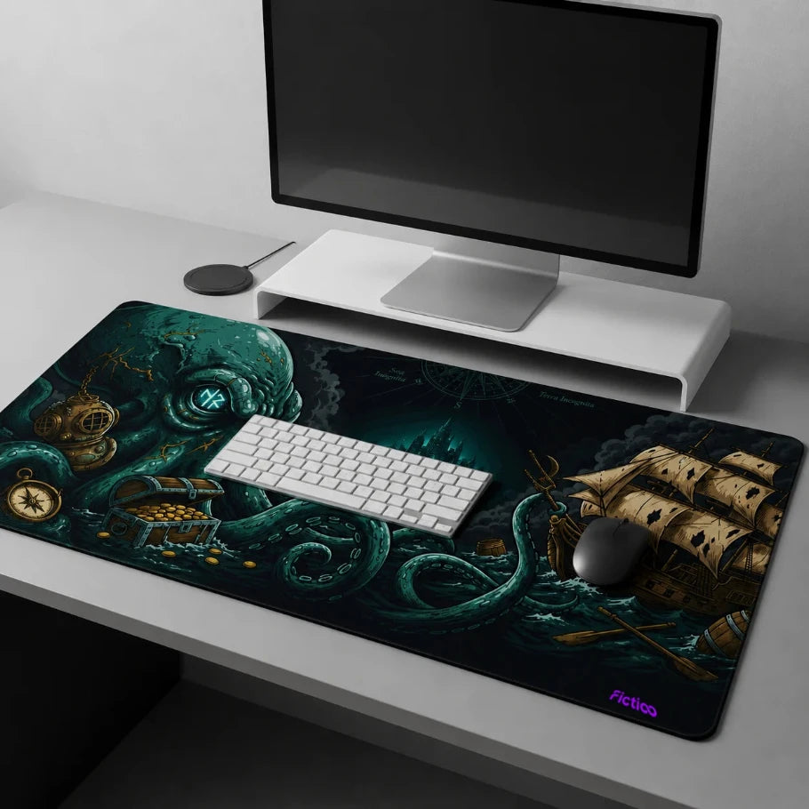 a large desk mat with a dark fantasy pirate design, featuring a giant octopus and a sailing ship, styled on a white desk under a computer monitor with a keyboard and mouse on top.