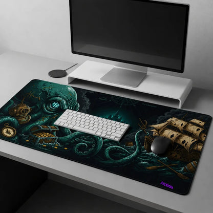 A large desk mat with a dark fantasy pirate design, featuring a giant octopus and a sailing ship, styled on a white desk under a computer monitor with a keyboard and mouse on top.
