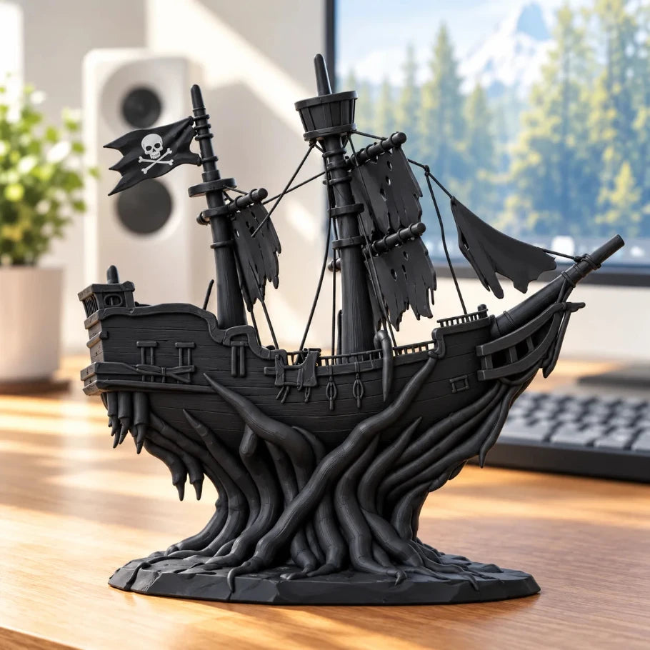 black worn out pirate ship tilted and rested on vines on a wooden gaming desk