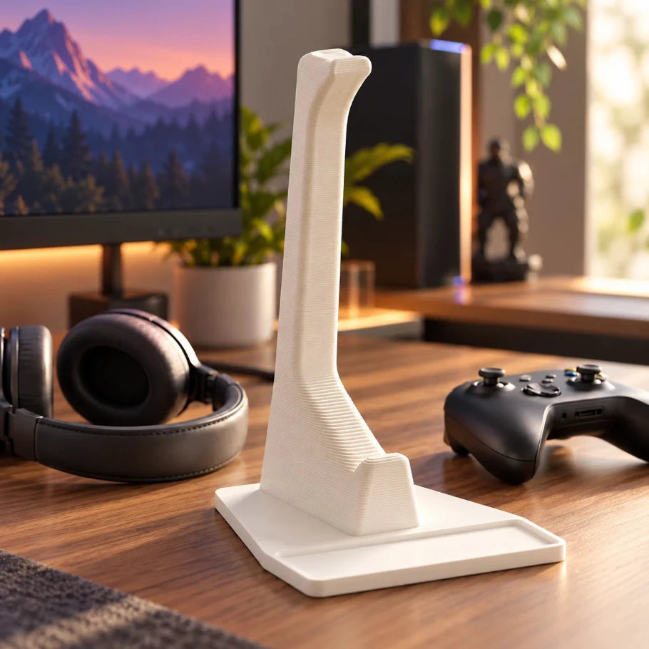 White headphone stand holding black headphones on a wooden gaming desk with controller nearby