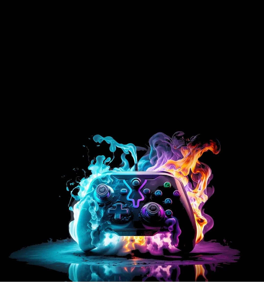 Gaming controller with colorful flames on a black background