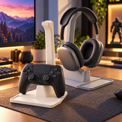 White gaming stand holding headphones and PlayStation controller in a modern gaming setup