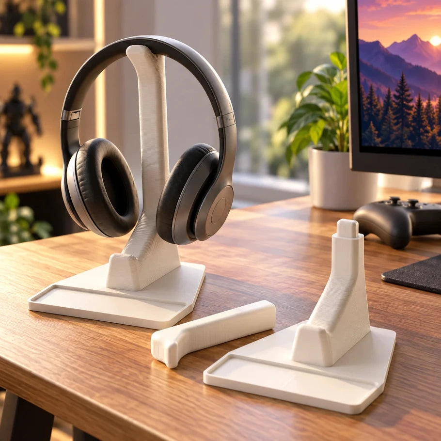 White modular gaming stand holding headphones and showing multi-part arrangement