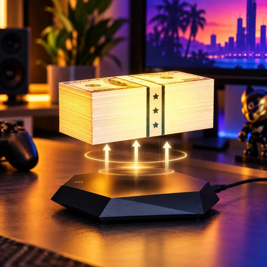 Floating money stack hovering above a black levitation base with glowing lift effect