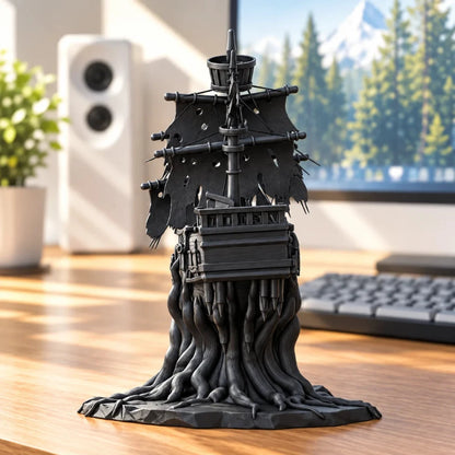back view of black worn out pirate ship stuck on roots on a wooden gaming desk