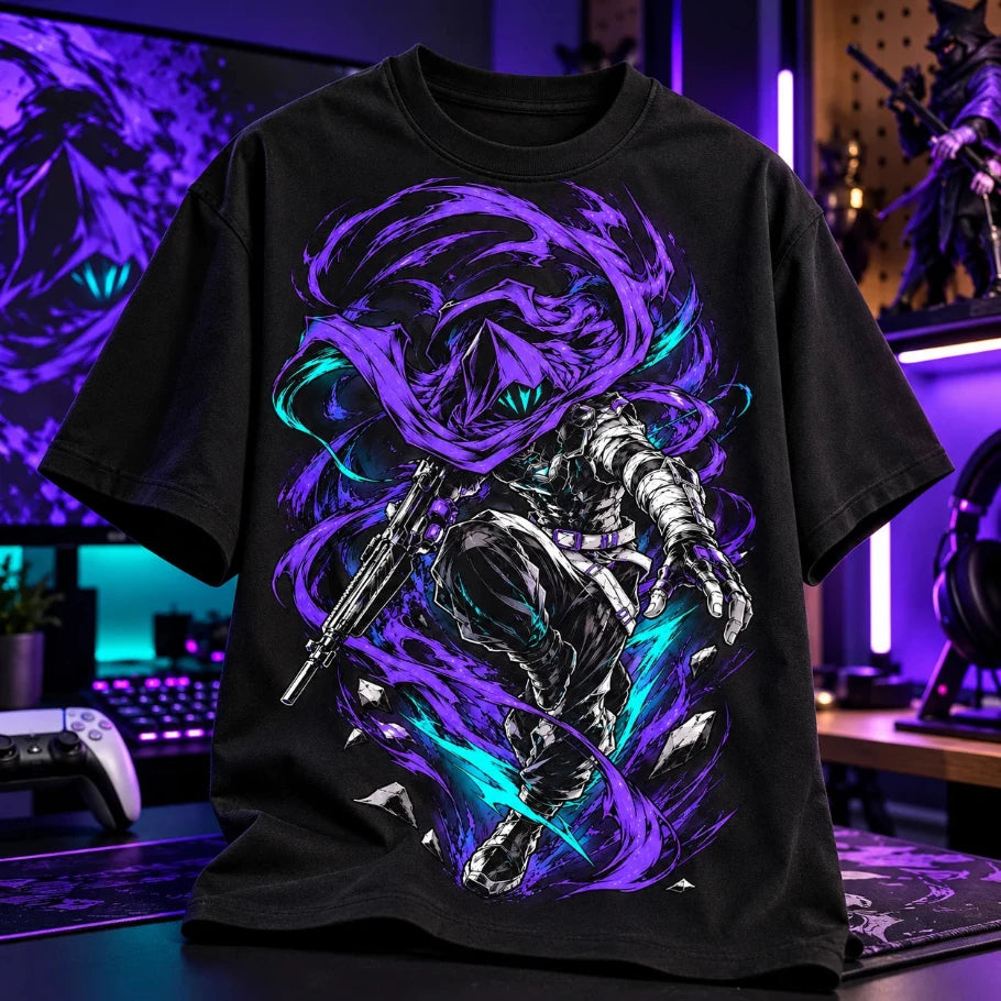 black oversized graphic t-shirt with purple and cyan anime warrior print for gamers