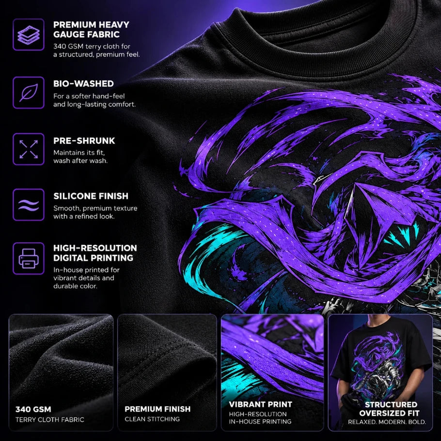 close-up of black oversized t-shirt showing 340 gsm terry cloth fabric and high-resolution digital print