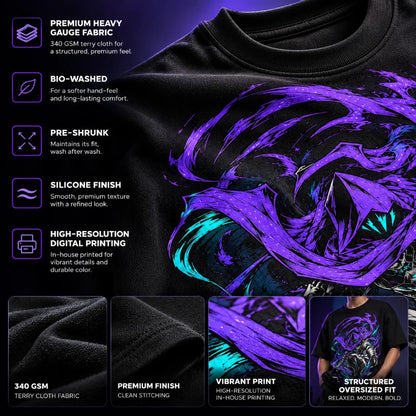 Close-up of black oversized T-shirt showing 340 GSM terry cloth fabric and high-resolution digital print