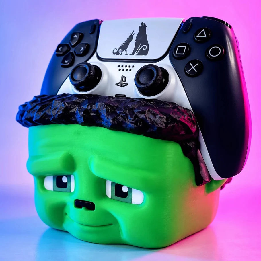 3D printed green Frankenstein controller stand for PS5 and Xbox controllers - Fictioo