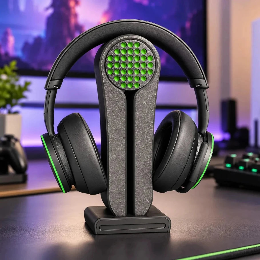 Black headphone stand with green speaker-grille accent holding gaming headphones - Fictioo