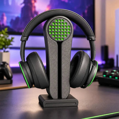 Black headphone stand with green speaker-grille accent holding gaming headphones - Fictioo