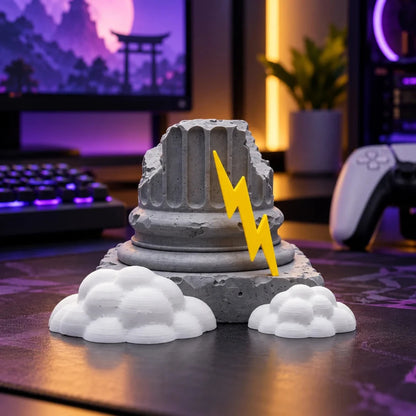 Olympus Pillar sale lightning-themed gaming controller stand displayed on a gaming desk with RGB lighting and gaming setup