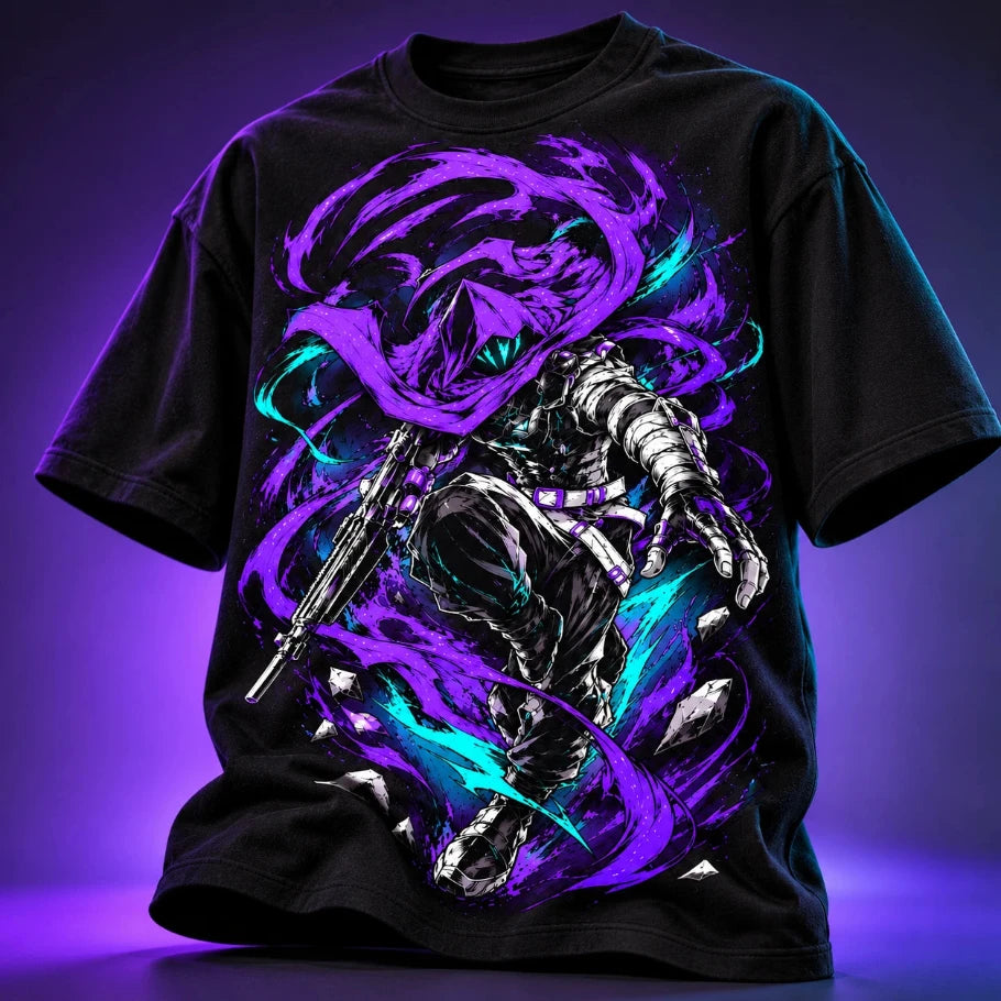 Black oversized anime graphic T-shirt with vibrant purple and cyan print in premium studio lighting