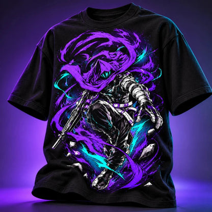 Black oversized anime graphic T-shirt with vibrant purple and cyan print in premium studio lighting