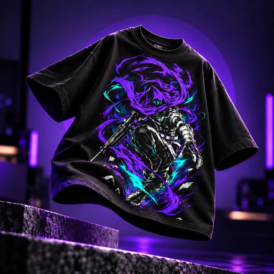 black oversized gaming t-shirt with anime warrior graphic floating in a cinematic purple gaming-inspired scene