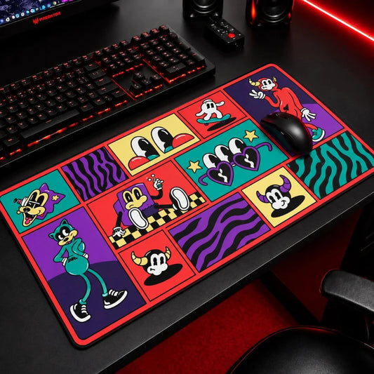Retro pop-art gaming deskmat design featuring colorful cartoon characters, bold red borders, purple waves, teal patterns and comic-style panels