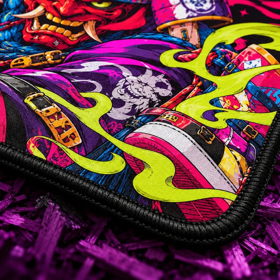 Close-up of neon Oni Samurai gaming deskmat showcasing vibrant anime artwork, detailed print quality, textured fabric surface and reinforced black stitched edges.