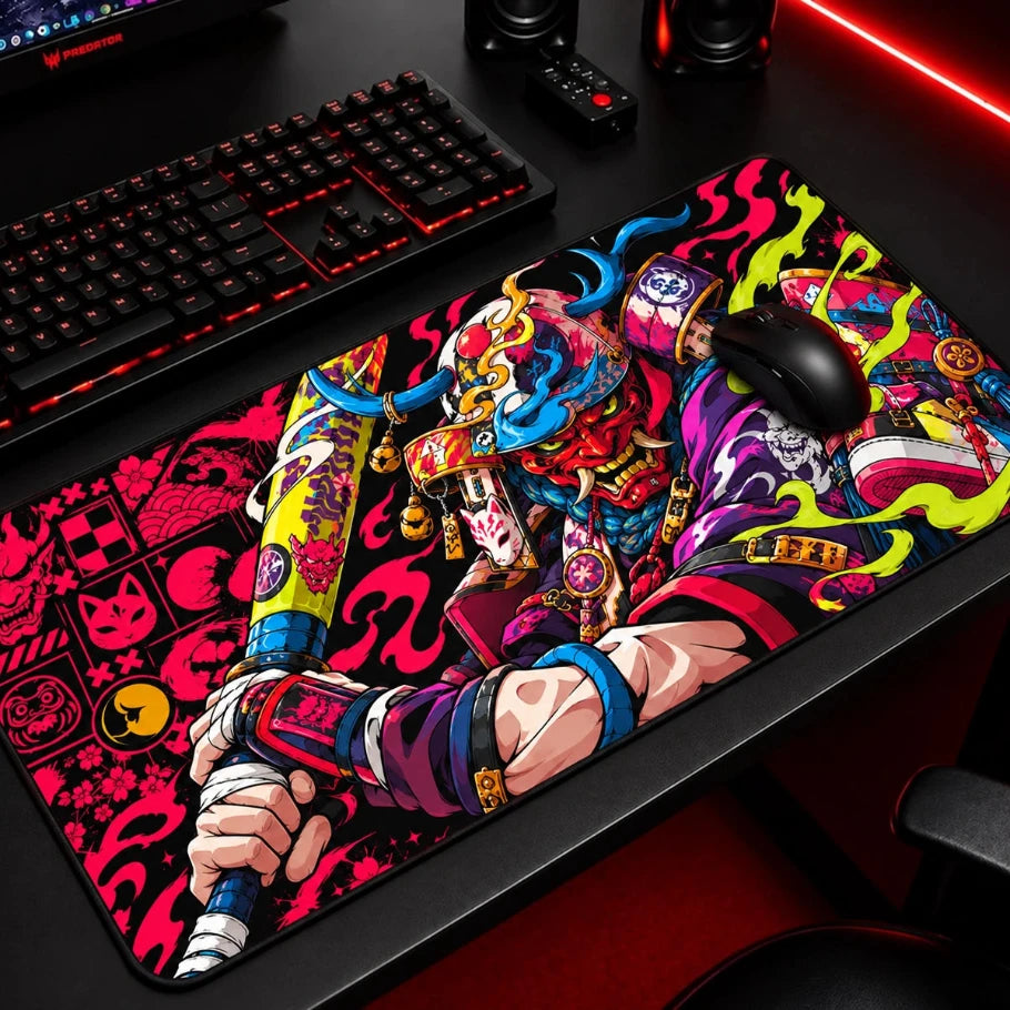 oni samurai gaming deskmat showcasing vibrant anime artwork, detailed print quality, textured fabric surface and reinforced black stitched edges.