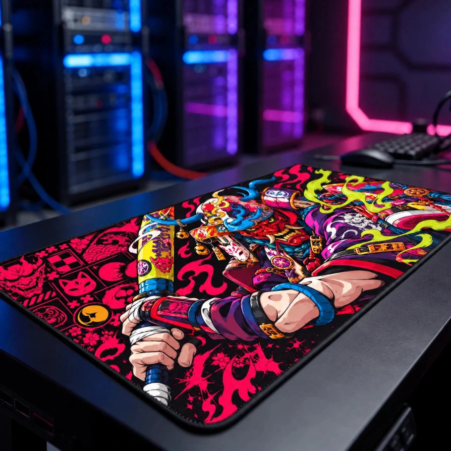 neon oni samurai gaming deskmat featuring vibrant japanese-inspired artwork in pink, blue, green and red on a black base