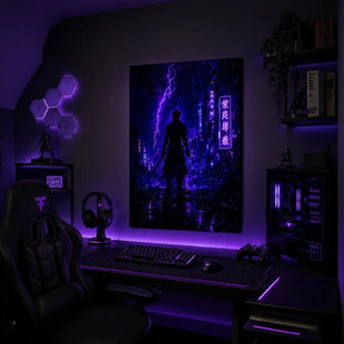 Gaming setup with a large poster of a silhouette in a dark room with purple lighting.