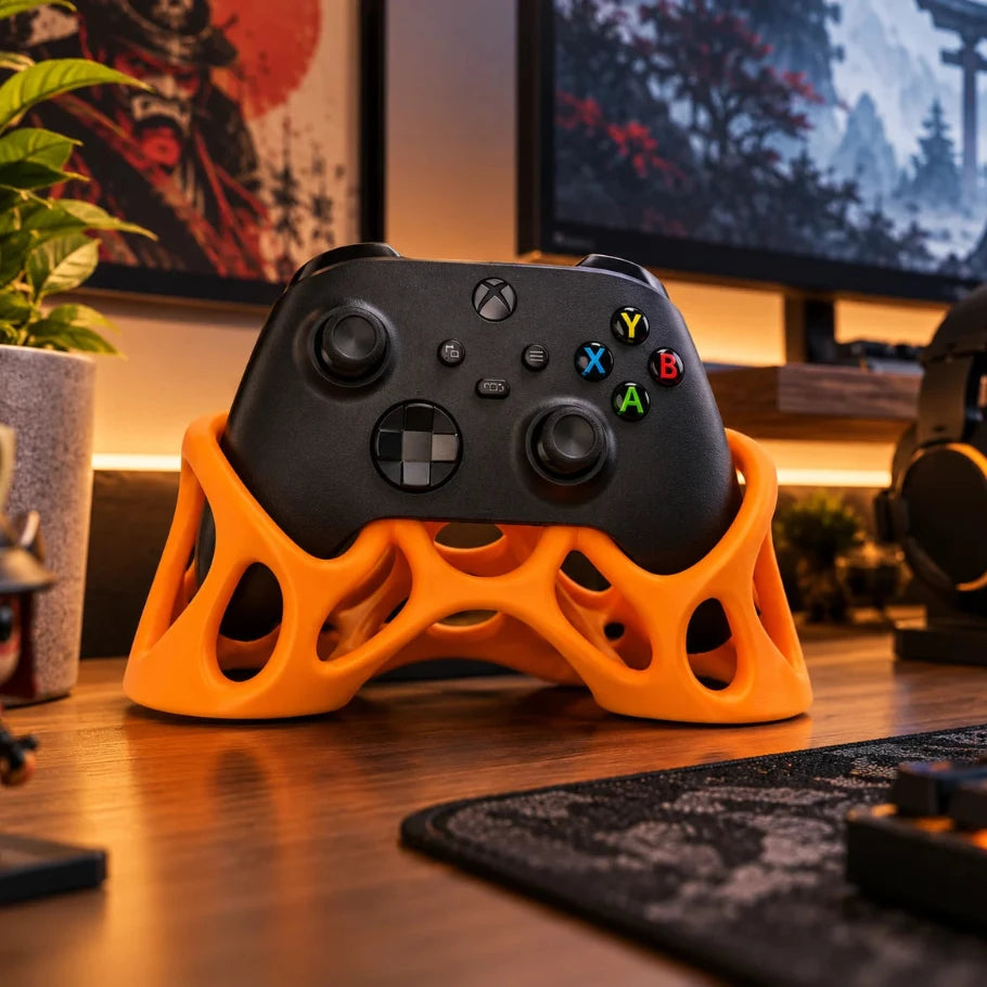 Orange Xbox controller stand holding a black controller on a gaming desk with a monitor, gaming headset and warm ambient lighting