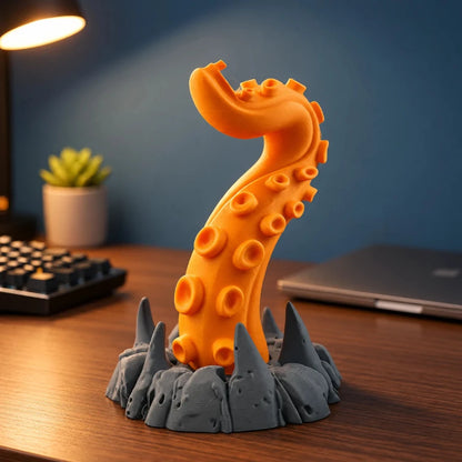 Orange octopus tentacle headphone stand with textured suction cups and dark grey rock base, featuring a unique 3D printed design.