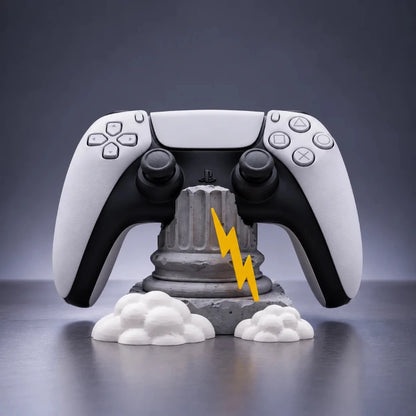 Olympus Pillar gaming controller stand with lightning bolt design holding a PS5 controller on a stone-inspired pedestal