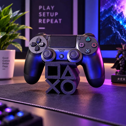 A black PlayStation 5 DualSense wireless controller displayed on a dark stand on a desk, with gaming-themed decor, a plant, and a monitor in the background.