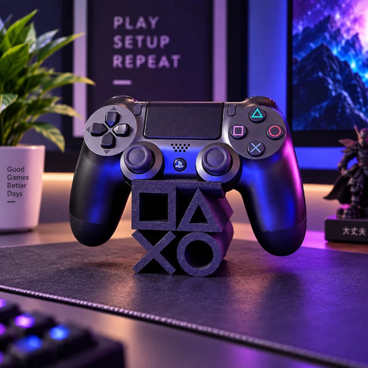 A black PlayStation 5 DualSense wireless controller displayed on a dark stand on a desk, with gaming-themed decor, a plant, and a monitor in the background.