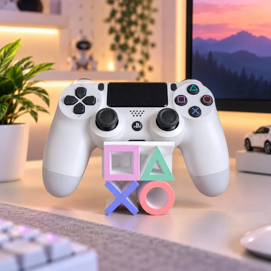 A white PlayStation 5 controller standing upright on a desk in front of colorful plastic PlayStation logo blocks, with a blurred home office background including a monitor, plants, and keyboard.